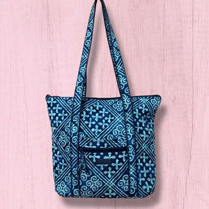 Vera Bradley Quilted Blue Geometric Zip Top Tote Shoulder Bag Purse